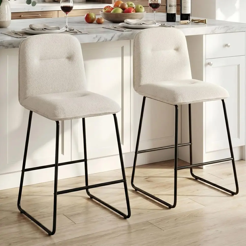 

Set of 2 26 Counter Height Bar Stools with Back, Linen Fabric Upholstered, Metal Frame and Footrest, for Kitchen Island or Home