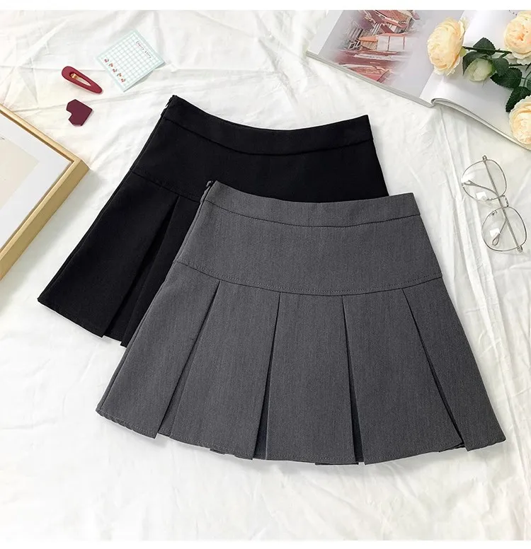 Summer solid color high waist gray pleated half body A-line skirt for women