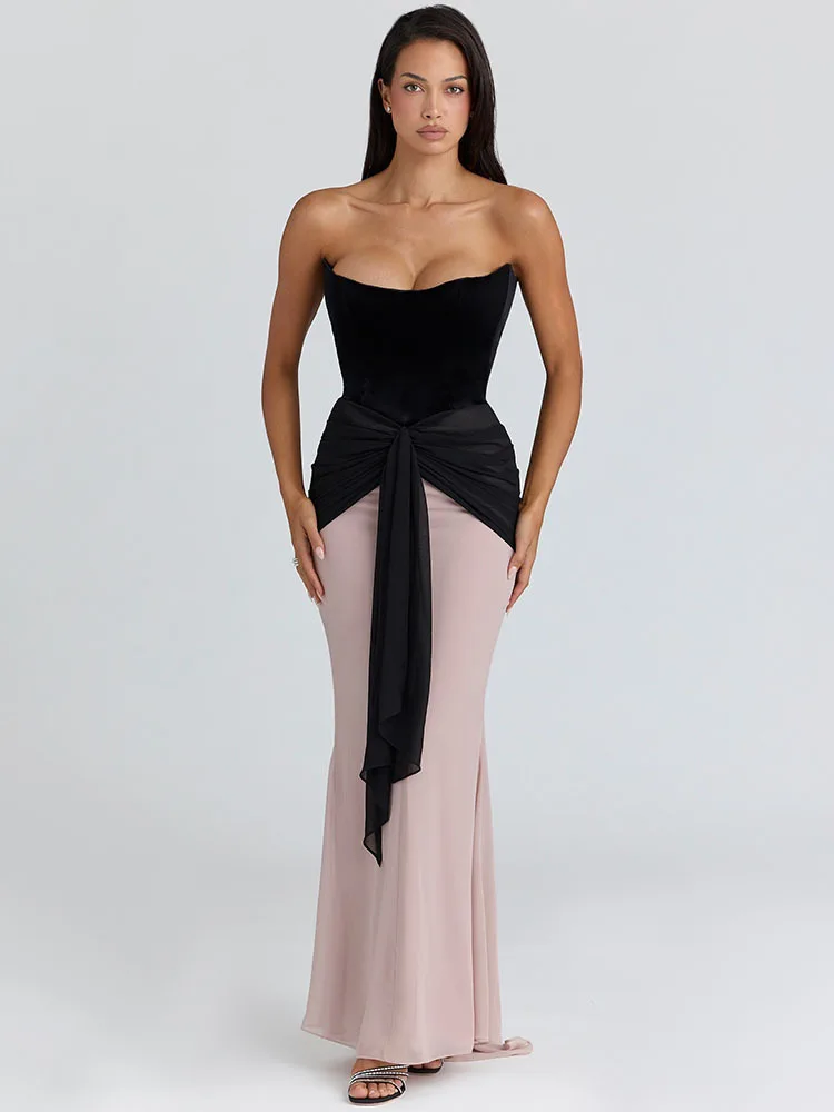 Blifanbo Strapless Sexy Ribbon Maxi Dress Women Gown Ruched Contrast Color Patchwork Bodycon Sleeveless Club Party Dress Elegant