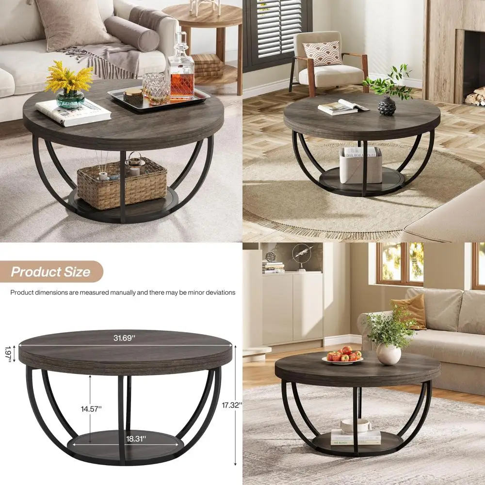 

Round Wooden 2-Tier Coffee Table with Storage Shelves - Modern Accent Table for Living Room and Center Space