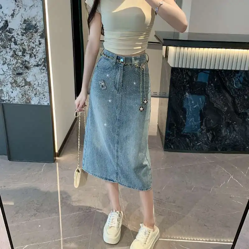 

Female Jeans Skirts High Waist Midi Diamond Women's Denim Skirt Streetwear A Line Y2k Vintage Chic and Elegant Harajuku Cheap