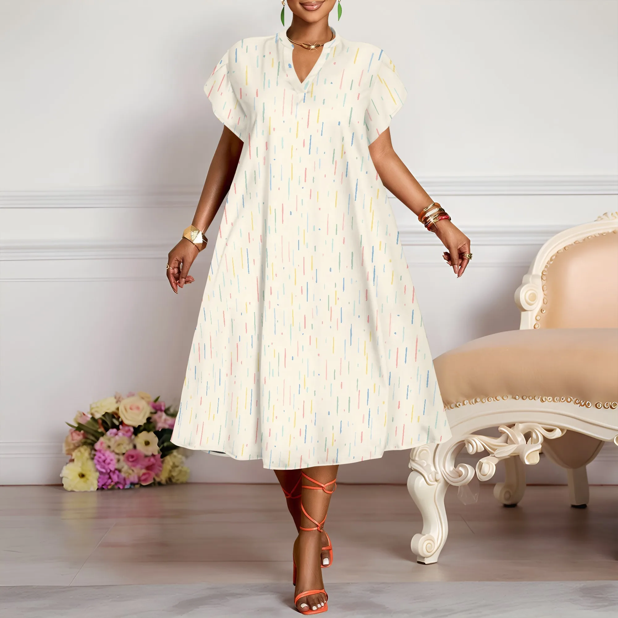 V-Neck Printed Dress, Colorful Dash Pattern, Short Sleeve Swing Style, Casual Summer Wear for Women, XS-3XL
