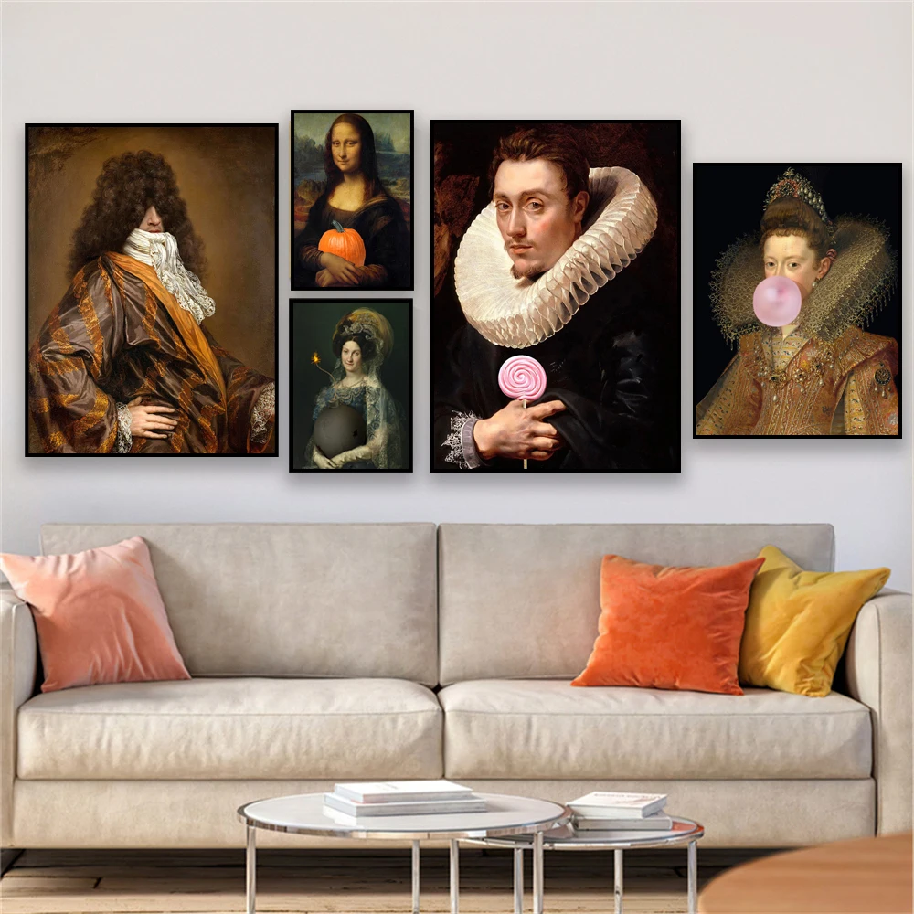 Vintage Funny Altered Art Poster Famous Portrait Prints Medieval Ltalian Oil Painting Canvas Painting Wall Art Living Room Decor