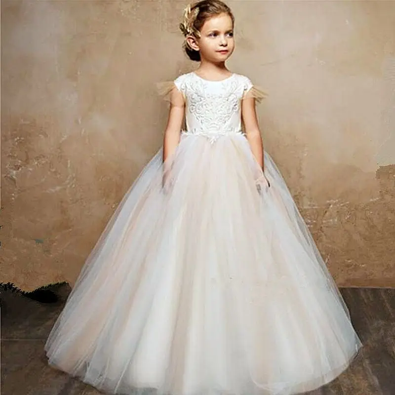 

White Puffy Flower Girl Dresses for Weddings Lace Appliqued Princess Kids Elegant First Communion Evening Party Prom Ball Gowns