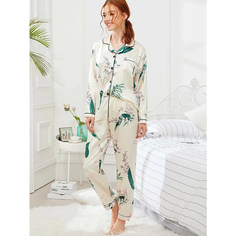 Silk Pajamas Set For Women Sleep Lounge Wear Female Pyjamas Leopard Fashion Lady Long Sleeve+Pants Nightwear Sexy Spring