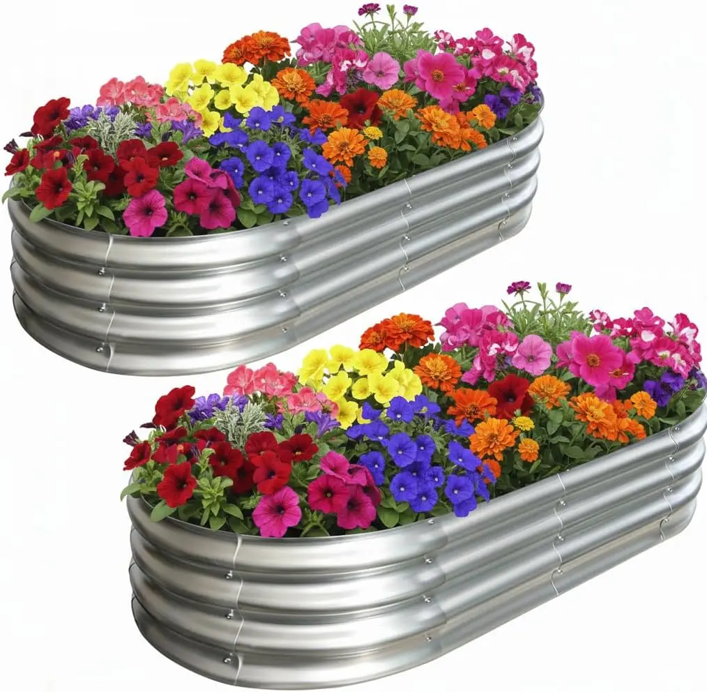 

Raised Garden Bed Kit, 2 Pack 4x2x1ft Galvanized Garden Beds Outdoor with Safety Edging, Rust-Resistant Oval Metal Planter Box
