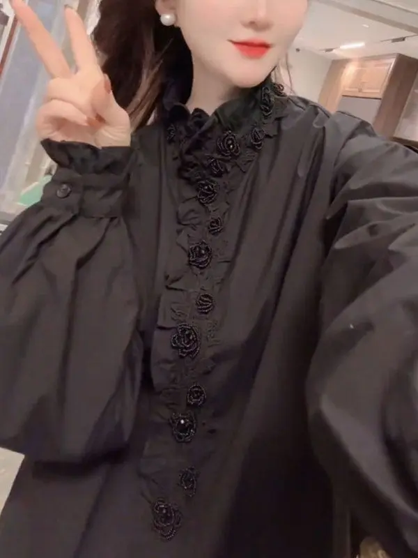 

Черная женская рубашка с цветочным принтом, весна-осень 2024, новый свободный и модный повседневный топ