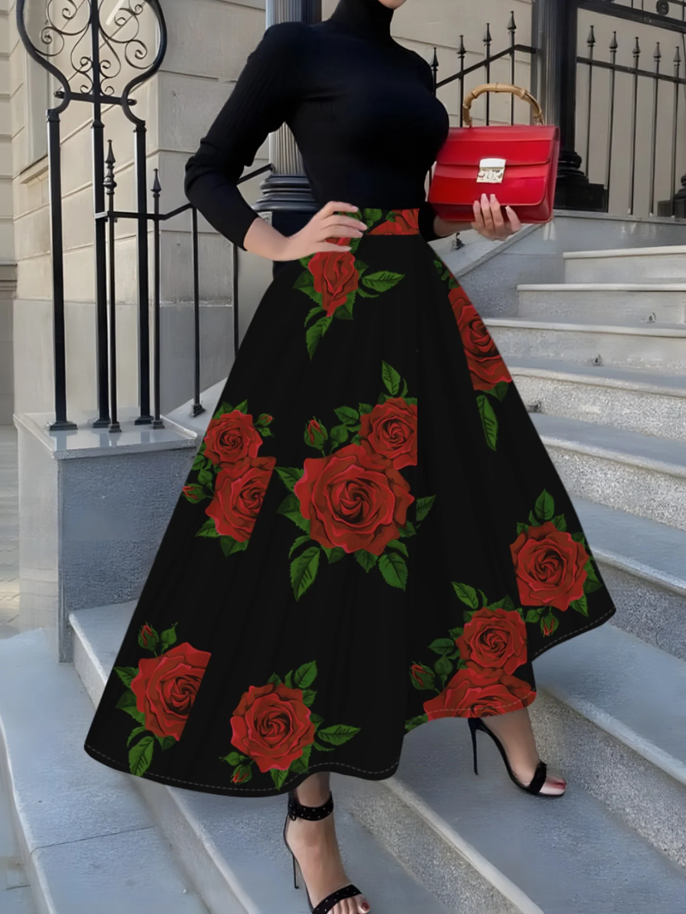 

Юбка-полусолнце женская с принтом, подходящая для всех сезонов: красные розы на черном фоне, в элегантном курортном стиле.