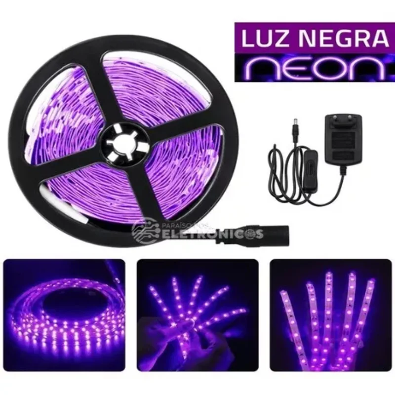 Tape Black Light Neon 5 Mts 300 Leds Power Supply 110V/220V Residential   Tape