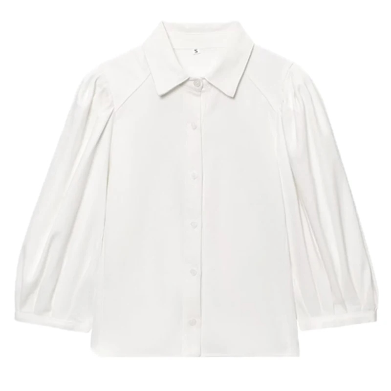 

Elegant Women's White Puff Sleeve Outerwear Fashion Lapel Collar Button Down Casual office Blouse Tops for summer 2025 New