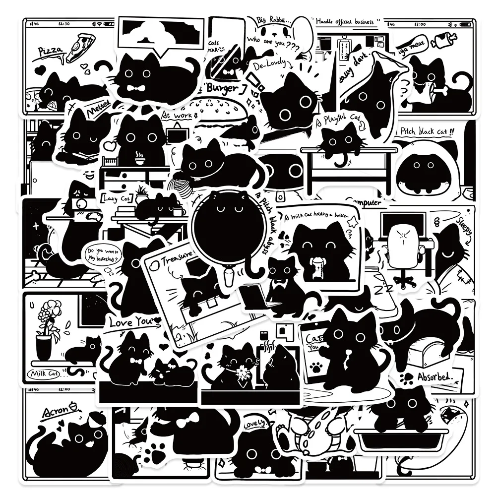 50Pcs Cute Black Cat Stickers Cartoon Kawaii Decals For Kids Laptop Water Bottle Suitcase Skateboard Scrapbook Phone Sticker