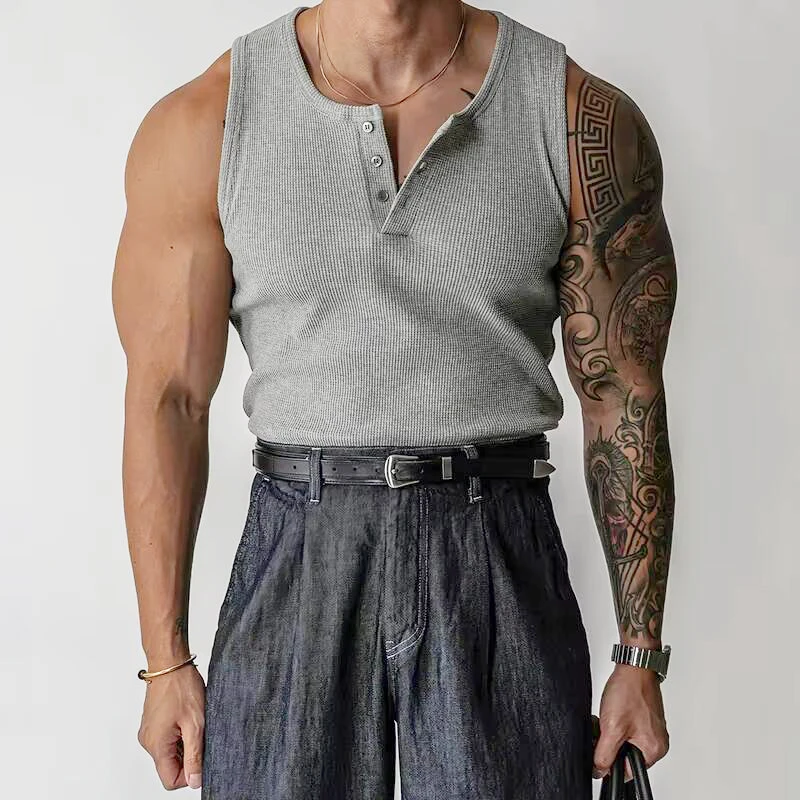 Vintage Henley Neck Buttoned Camisoles Men 2026 Summer Sports Fitness Sleeveless Slim Stretchy Ribbed Tank Tops Mens Casual Vest
