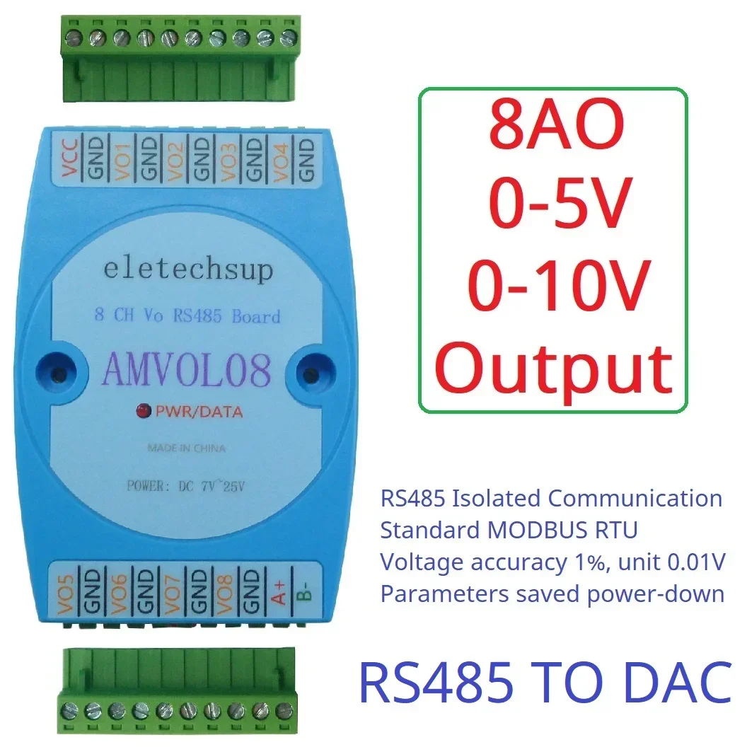 AMVOL08 8 Channel Analog Output 0-10V 0-5V AO Module RS485 Modbus RTU To Voltage PLC Remote IO Expansion Board