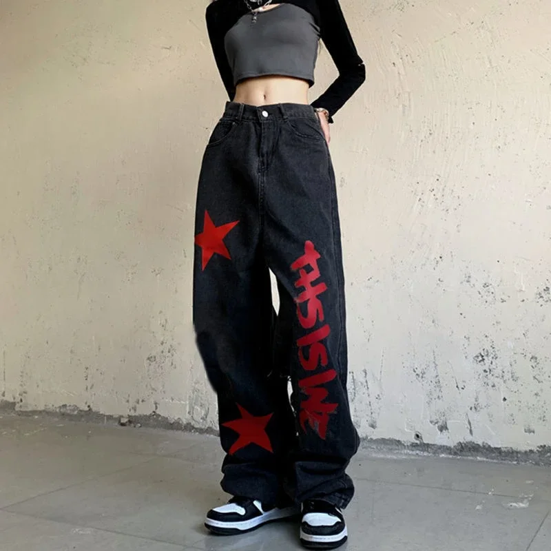 Women's Letter Pattern Star Print High Waist Black Jeans Street Cool Girl Bottoms Wide Legs Pants Female Fashion Denim Trousers