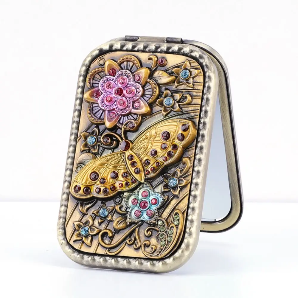 Espejo de maquillaje Vintage, espejo de bolsillo compacto cuadrado Retro, espejo plegable cosmético con diamantes de imitación de doble cara, espejo de regalo para tocador