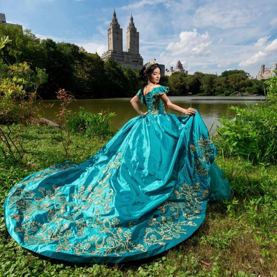 Teal Princess Quinceanera fur ses, Tulle Appliques, Sweet, Ball Gown, Off The Initiated, Mexican, 16, 15 Ans