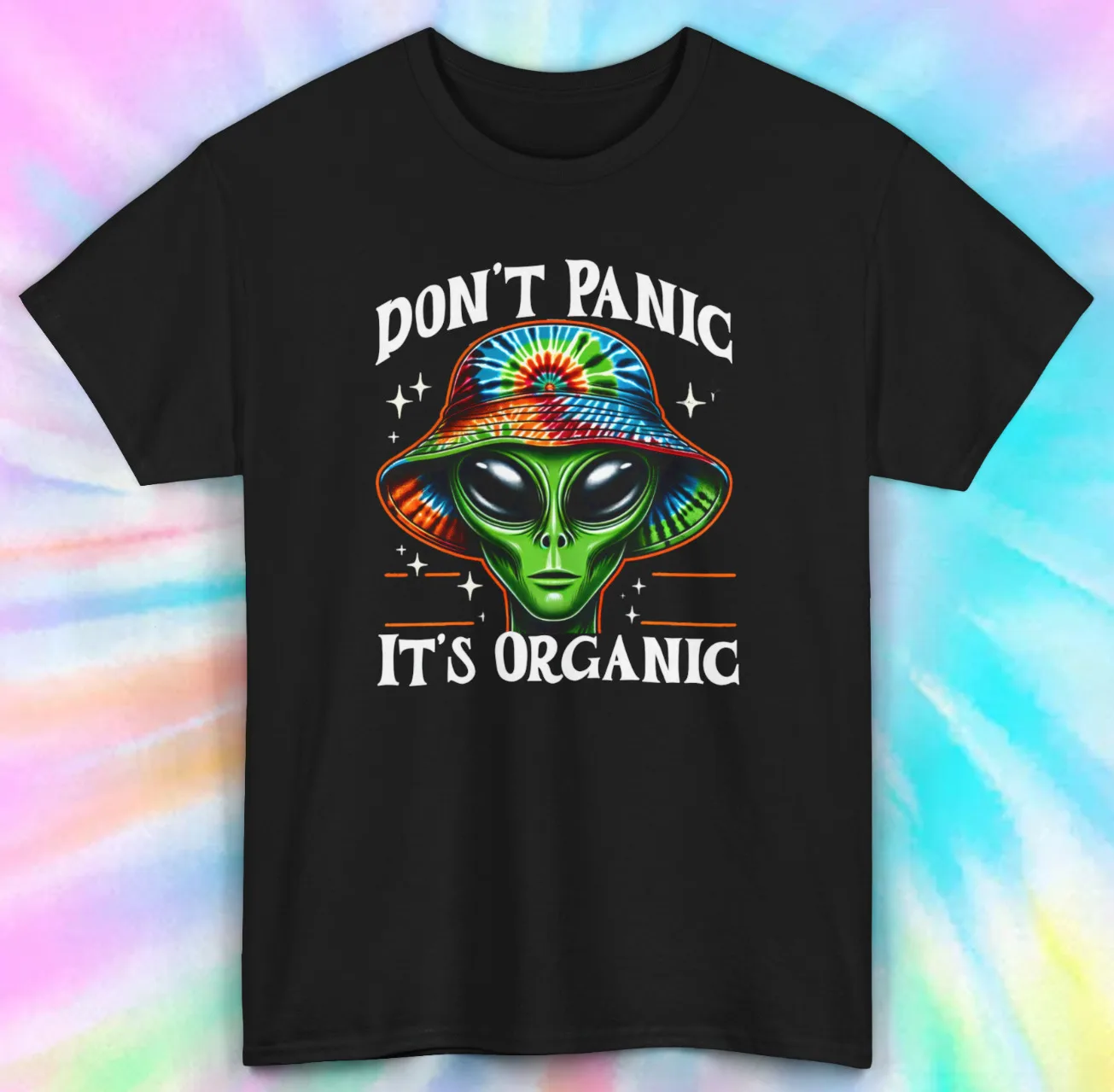 Cool Alien Don't Panic Organic T-Shirt | UFO Rainbow Hat | Unisex | S-5XL