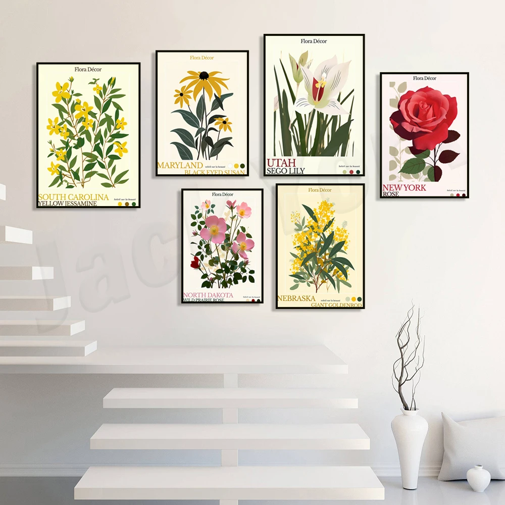 Flower market poster, South Dakota, North Dakota, Wyoming, Utah, Missouri, Texas, Maryland floral print, vintage botanical art