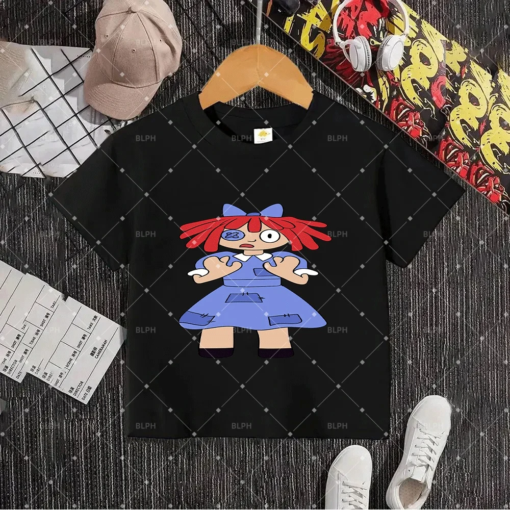 

Милая детская футболка в стиле Digital Circus с очаровательным дизайном персонажей для девочек