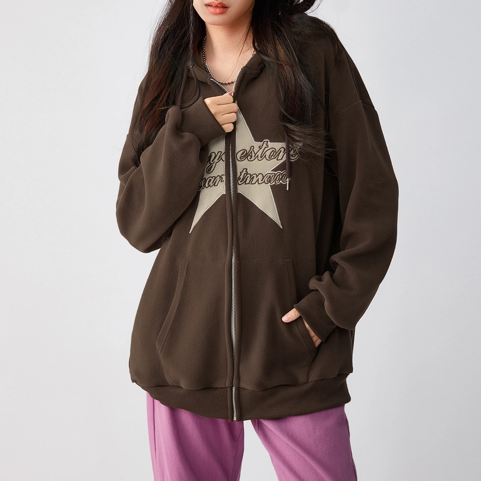 

Gothic Vintage Zipper Loose Outwear Long Sleeve Hooded Embroidery Star Letters Sweatshirt Casual Jacket with Pockets Streetwear