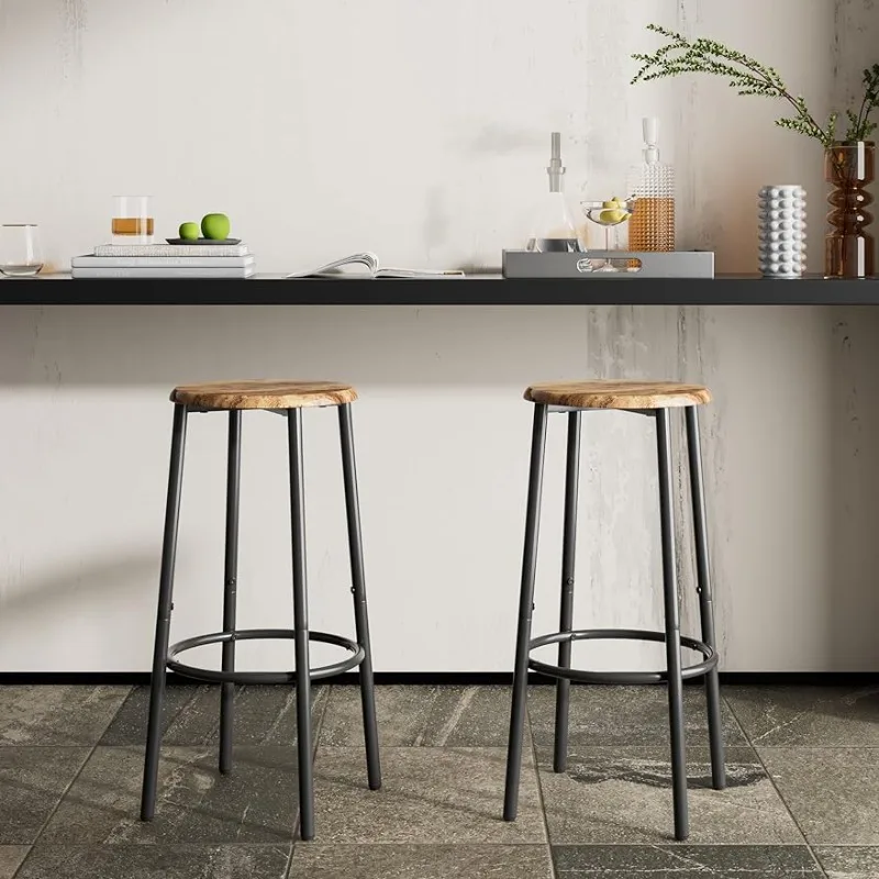 Rustic Brown Bar Stools Set of 2, 25.8 in, Round Industrial Counter Stools with Footrest, Adjustable Feet, for Dining Room