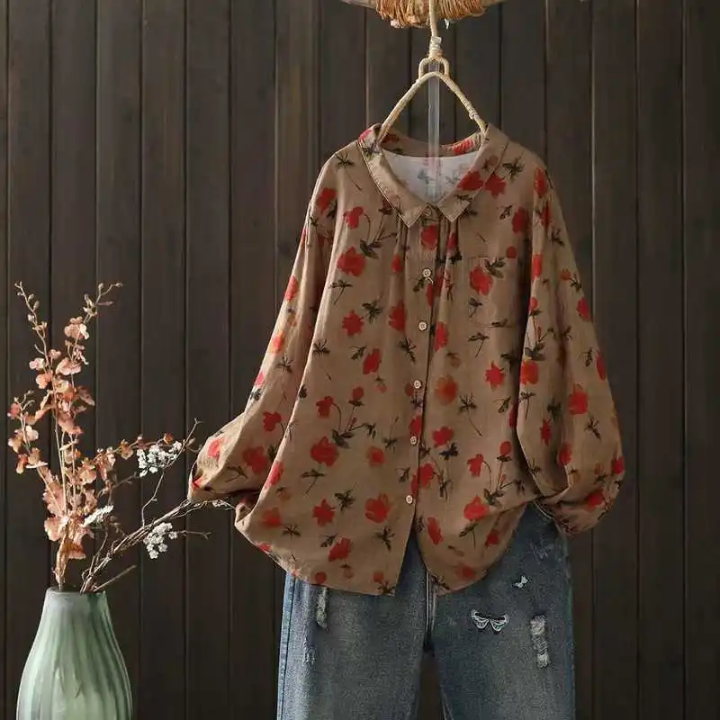 

Japanese Mori Girl Vintage Cartoon Graffiti Printed Shirts Women Spring Turn Down Collar Long Sleeve Casual Loose Blouse Tops