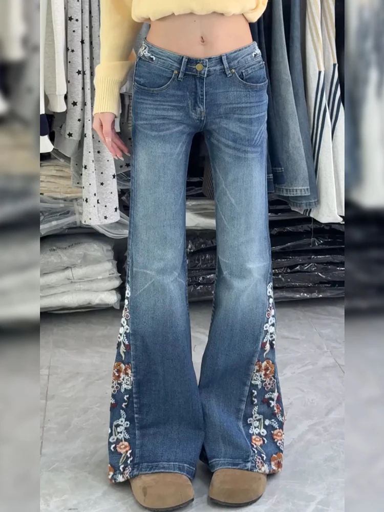 

American Style Heavy Duty Design Embroidered Denim Micro Flared Floor Length Pants Women's Subculture Jeans Low Waist Zipper