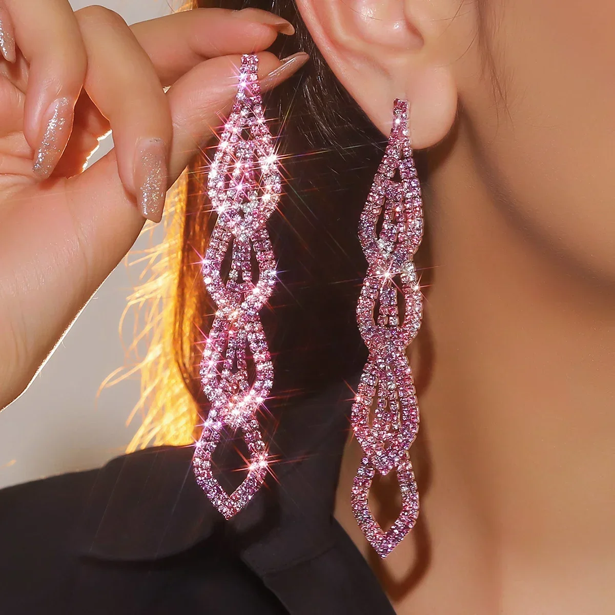 Pendientes largos con forma de cuerda para mujer, aretes con borlas de diamantes de imitación brillantes, accesorios de joyería para fiesta de graduación y boda