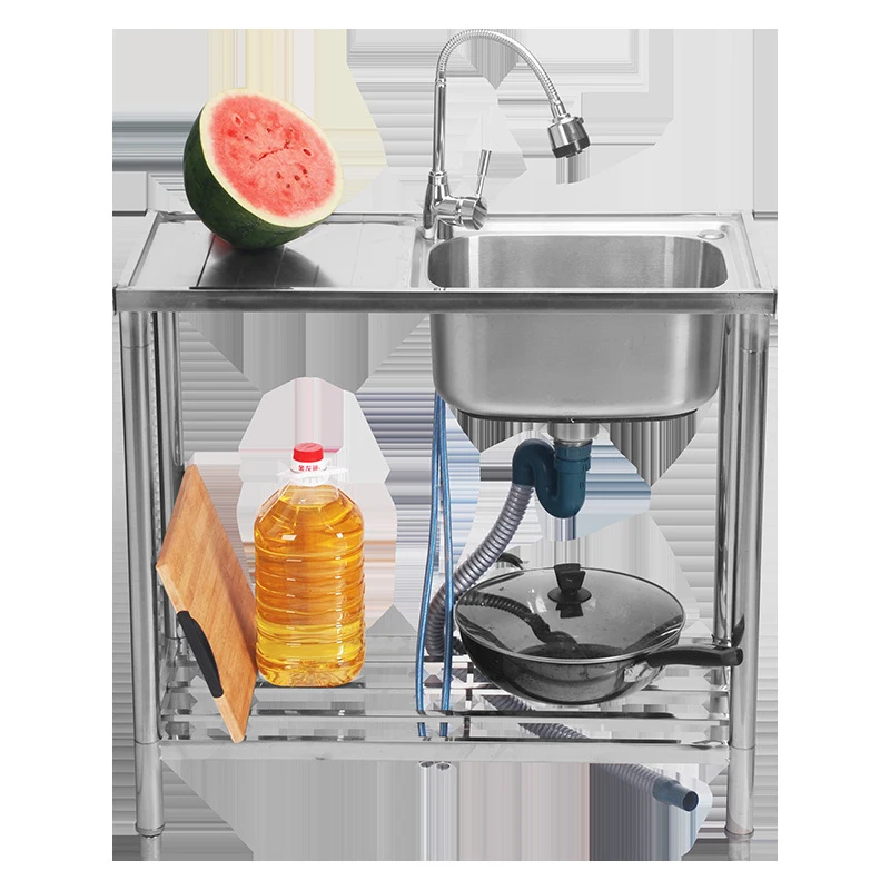Stainless steel sink, kitchen sink with bracket, dishwashing sink, household sink Hot and Cold Faucets