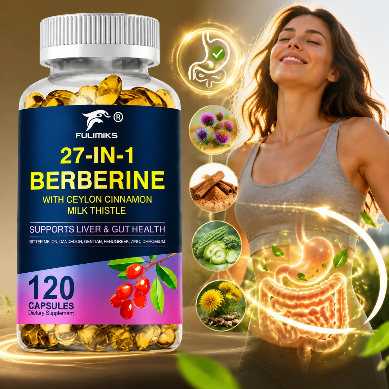 Berberine Blend Capsules, Bitter Melon Dandelion Fenugreek Zinc Chromium, Support Liver Gut Digestion Health, Relieve Bloating