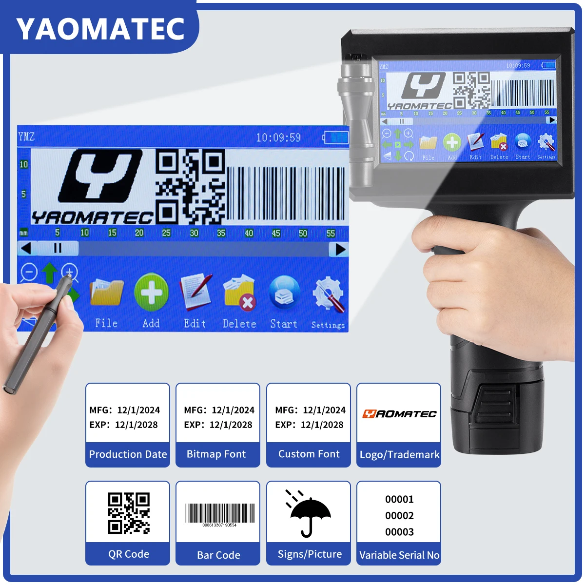 YAOMATEC 12.7mm image code number date logo portable gun bags bottle plastic paper carton metal handheld thermal inkjet printer