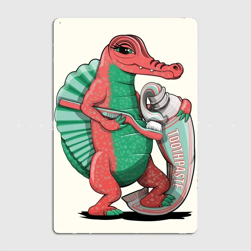 Dinosaur Brushing Teeth, Funny Dinosaur Bathroom Meat Gang Metal Sign Wall Cave Club Bar Custom Plaques Tin Sign Poster