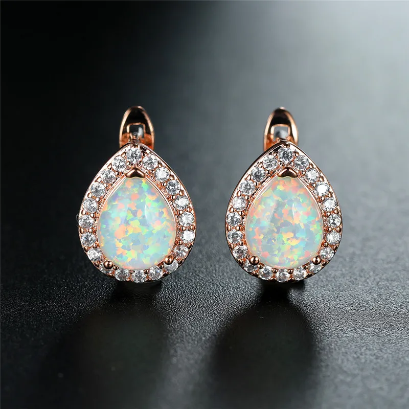 Luxury Female White Blue Opal Hoop Earrings Rose Gold Silver Color Vintage Crystal Geometry Wedding Jewelry For Women