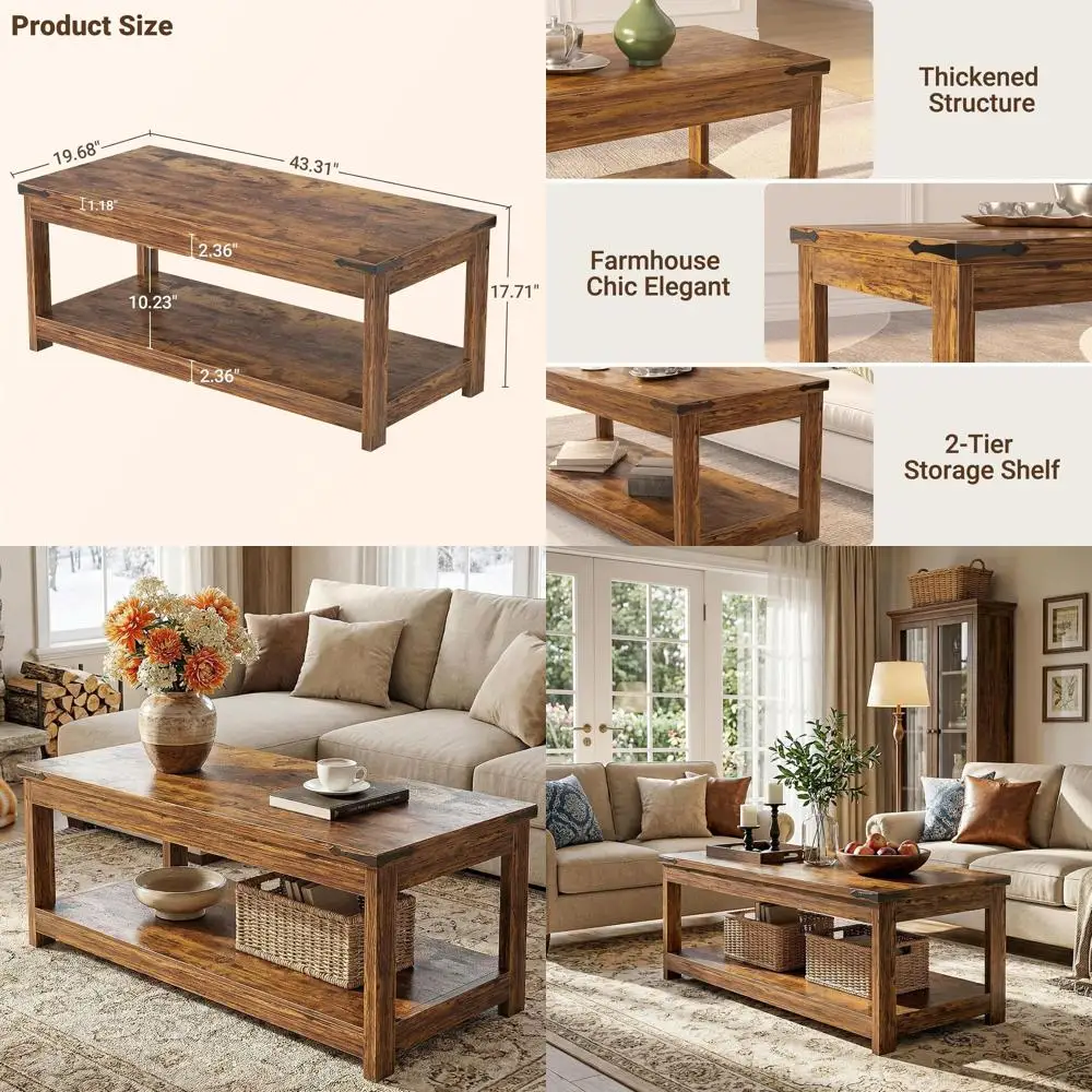 

Rustic Brown Coffee Table with Storage Shelf, Ideal for Living Room, Modern Black Tea Table with Open Shelf