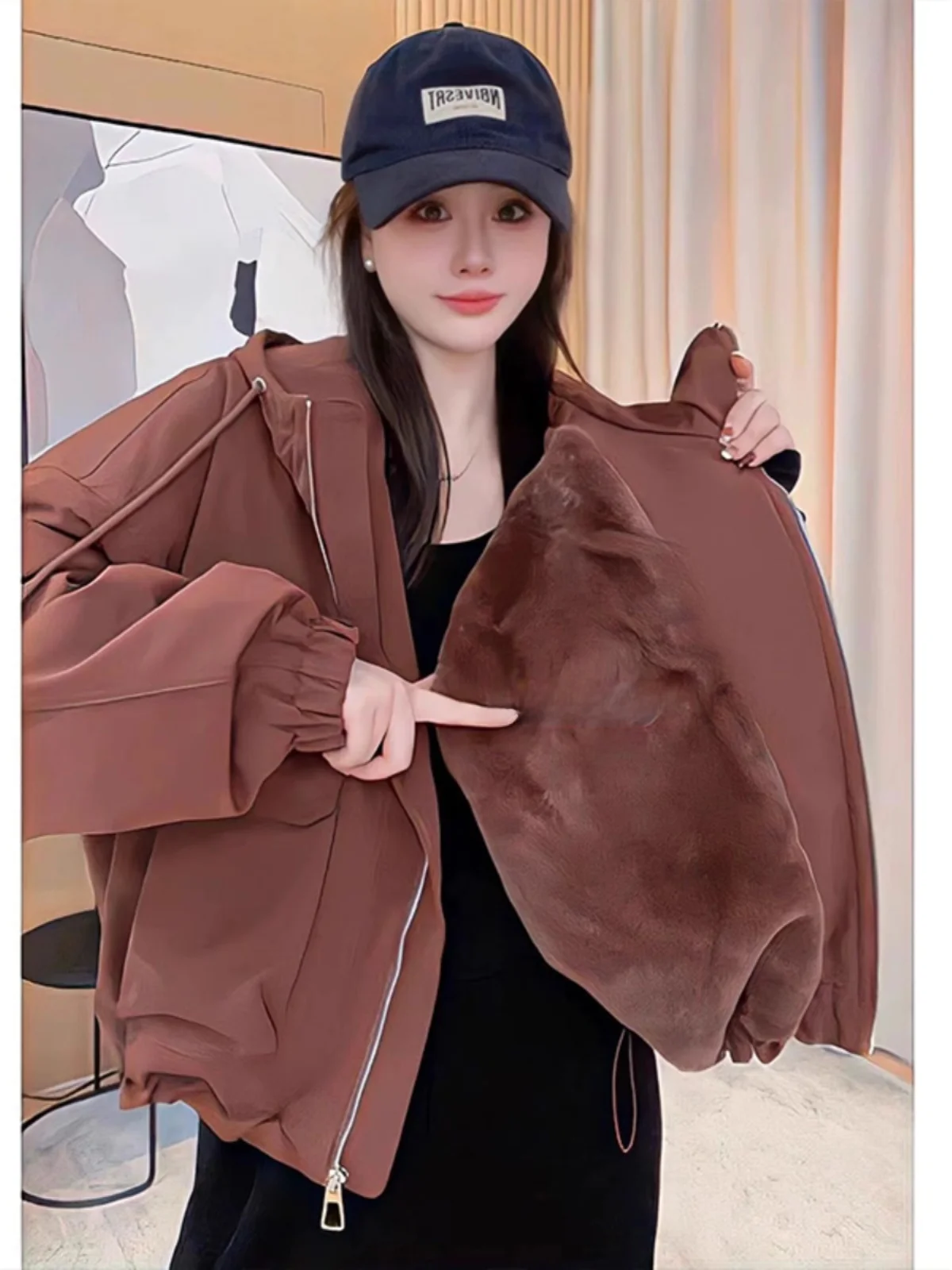 Thiened Fce ort American Workwear Jaet Women Winter New Casual Sle Hooded Versatile Cotton Clothes Warm Commute Sle