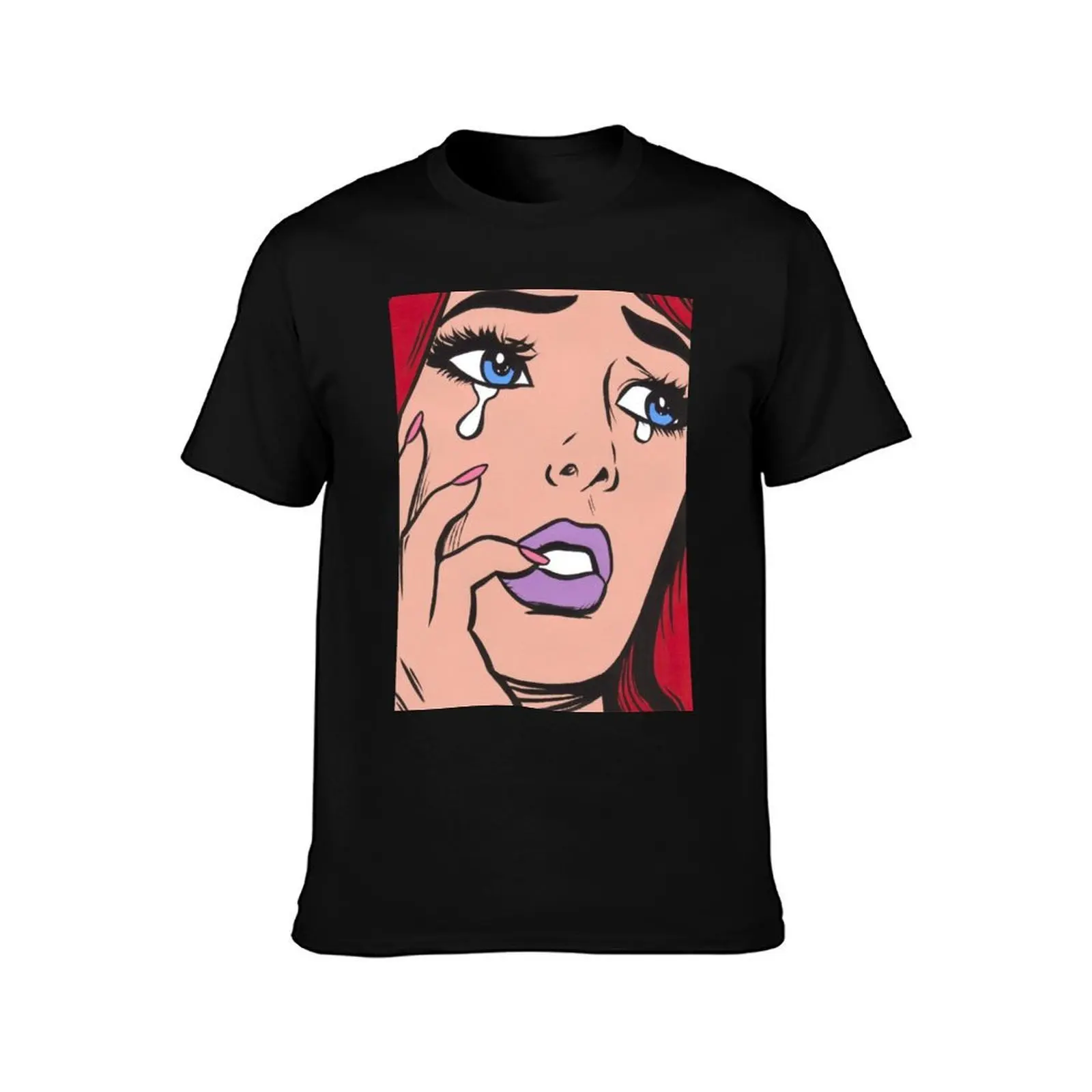 Red Crying Comic Girl T-Shirt, Summer Casual Cotton Tee, Oversized Streetwear Tops, Vintage Graphic Print, Unisex Men Women
