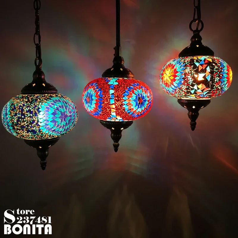 Big Size Bohemia Hanging Chandelier for Kitchen Bedroom Interior Decoration Lamp Handmade Glass Mosaic Colorful Pendant Light