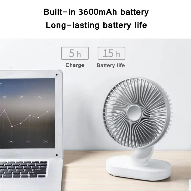 Ventilador elétrico de mesa, USB, Rotação automática, 3600mAh, Recarregável, Ar Condicionado, 4 Velocidade Vento, Silencioso, Portátil para Casa e