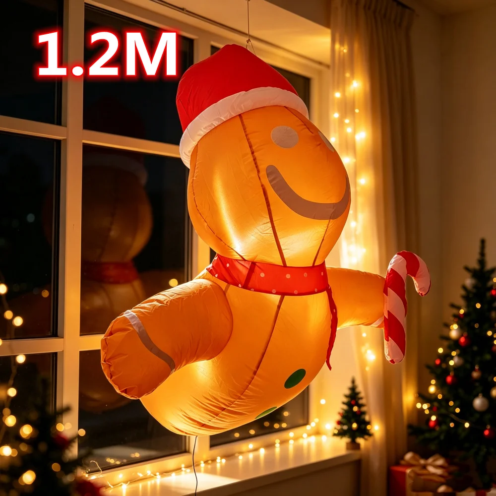 1.2M Christmas Inflatable Gingerbread Man with Santa Hat Candy Cane Built‑in LED Outdoor Window Wall Xmas Holiday Decoration