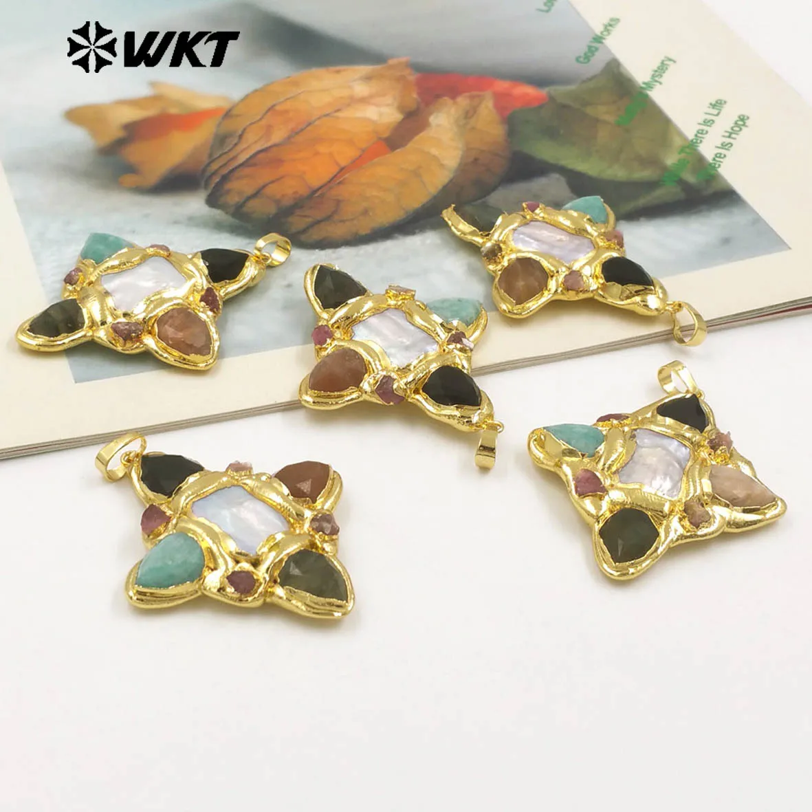 WT-JP379 High Quality Pearl With 18k Yellow Gold  Plated Diamond Shape Pendant For Women Necklace DIY Jeweley ACC