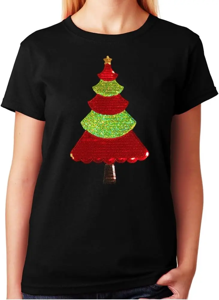 Women's/Unisex T-Shirt Red & Green Christmas Tree in Sequins