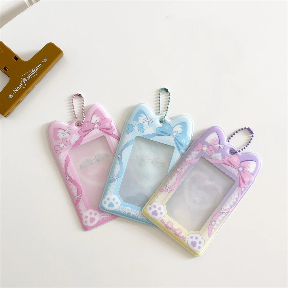Cinta de gato de dibujos animados, funda para tarjeta transparente de 3 pulgadas, funda para tarjeta pequeña, bolsa para tarjeta colgante para estudiante