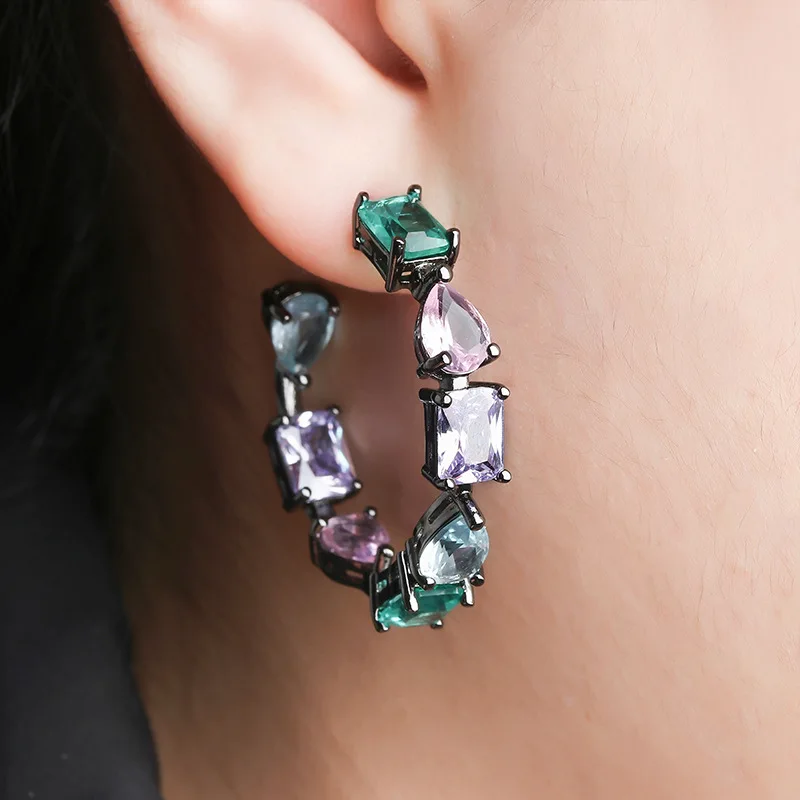 Hot-selling versatile glass stone color-blocked hoop earrings, creative and unique South American jewelry