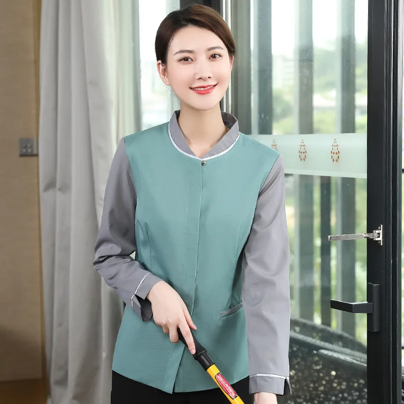 

Small round Neck Hotel Cleaning Work Clothes Female Hotel Guest Room Hospital Cleaner Aunt Long Sleeve Community Property Housek