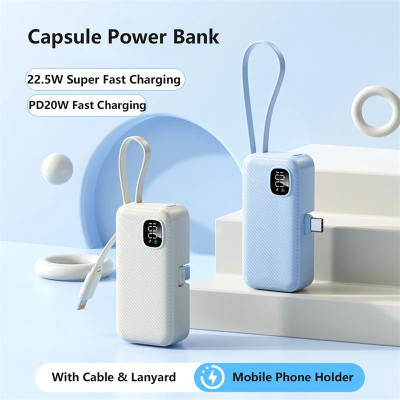

5000mAh Mini Capsule Power Bank Type C 22.5W Fast Charging External Battery Portable Charger For iPhone 17 Samsung Xiaomi Huawei