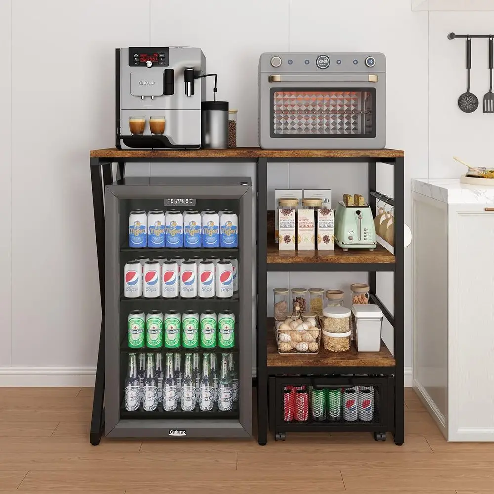 Multi-functional Kitchen Storage System with Rolling Basket, Coffee Bar, Mini Fridge, and Microwave Stand