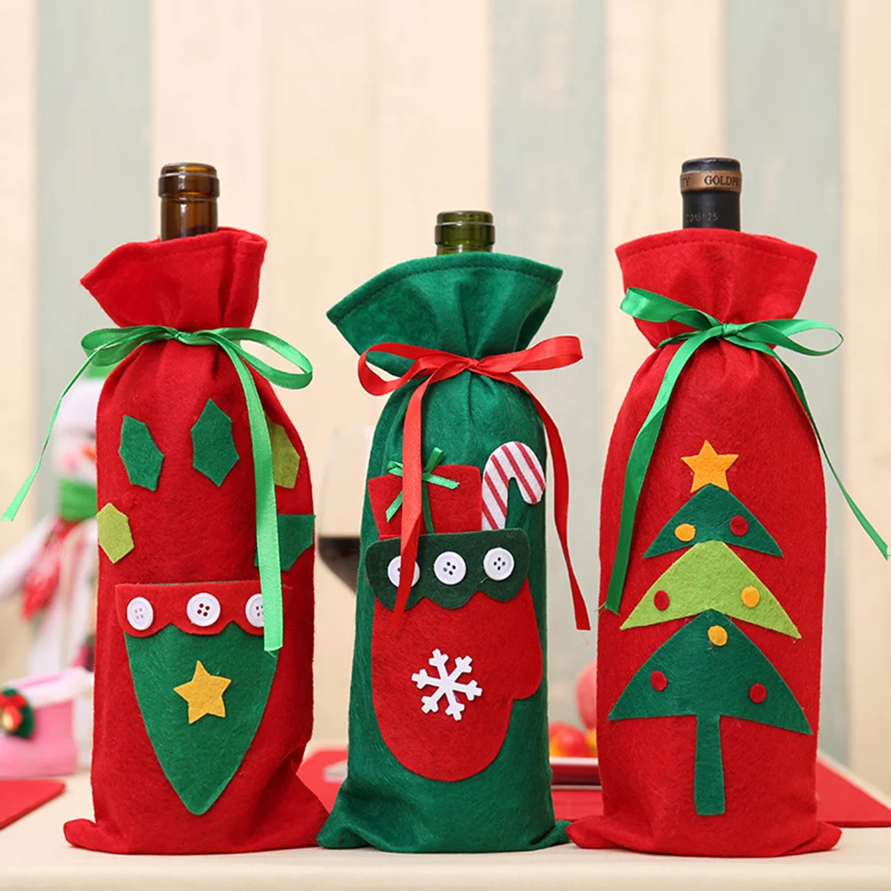 3Pcs Christmas Wine Bottle Cover Non-Woven Decorative Wine Bottle Cap for Holiday Party Red Green Christmas Decoration