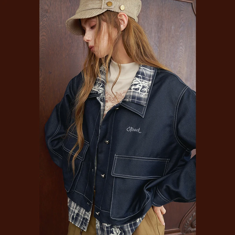 ELFSACK Women's Outerwear Jacket with Plaid Patchwork, Contrast Collar Coat for Everyday, Casual Cropped Outerwear Top