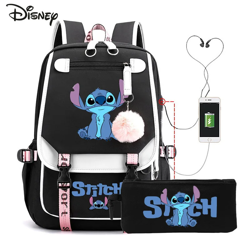 Disney Stitch New Men's USB Backpack Fashion High Quality Travel Backpack Cartoon Versatile Large Capacity Student Backpack