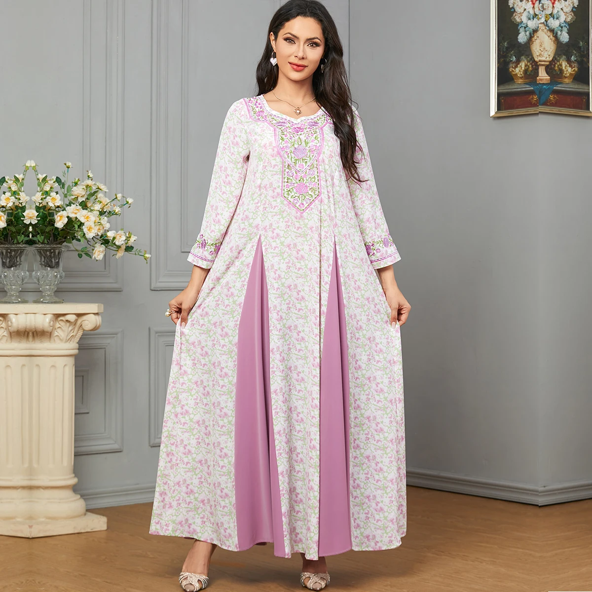 BNSQ Flower Embroidery Muslim Dress for Women Fashion Patchwork Floral Dress Moroccan Kaftan